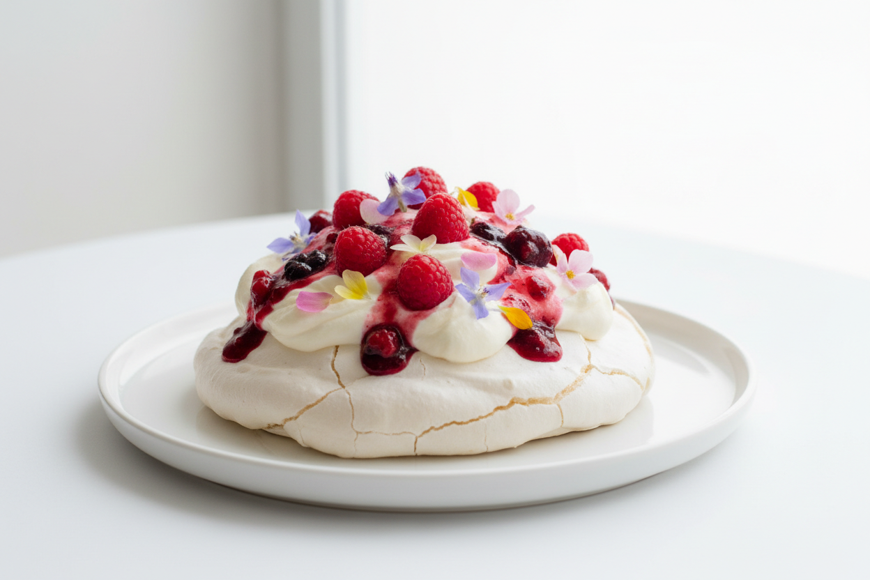Pavlova artisanale fruits rouges et fleurs comestibles